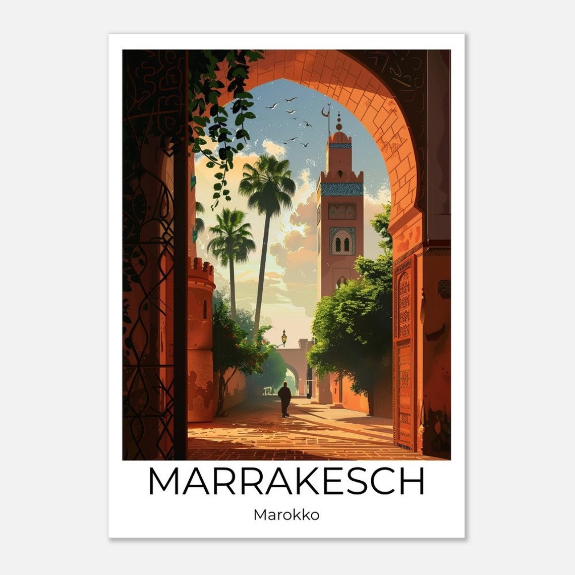 Marrakech Minaret Travel Poster Morocco Sunset Archway Scene Art - Image 2