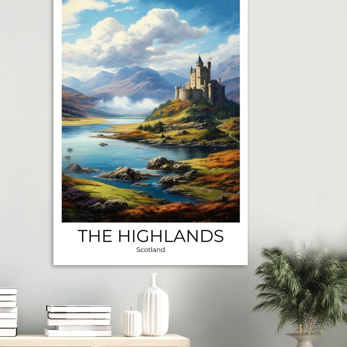 Scottish Highlands Castle Overlooking a Loch Between Mountains Poster - Image 2