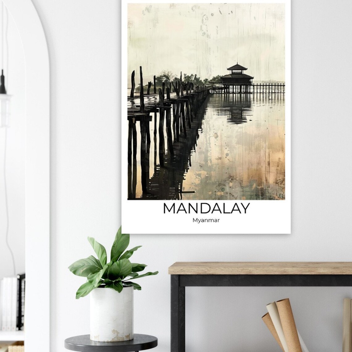 Mandalay Myanmar Teak Footbridge Still Lake Ink Wash Art Poster - Image 4