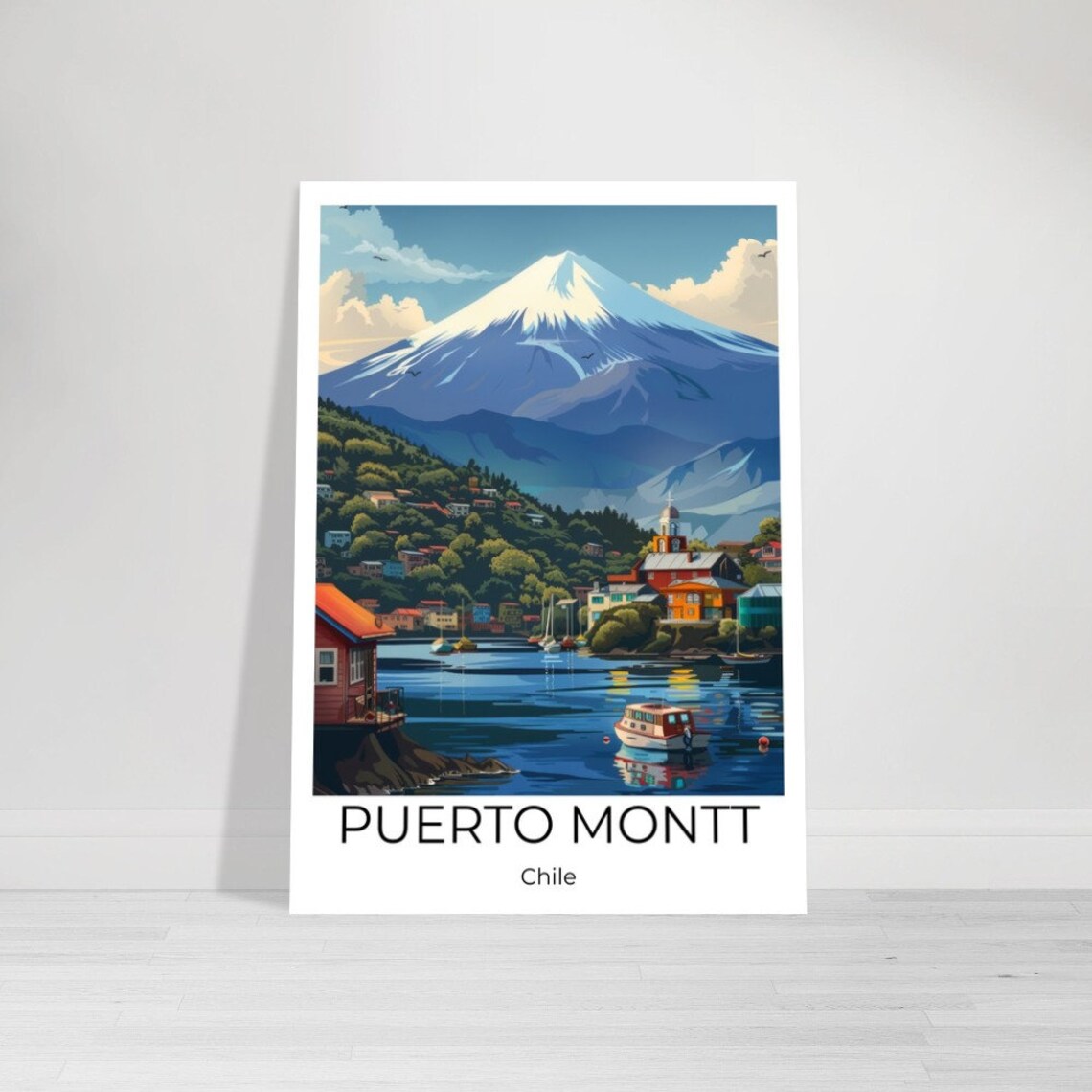 Puerto Montt Chile Snowy Volcano Harbor Vintage Travel Poster