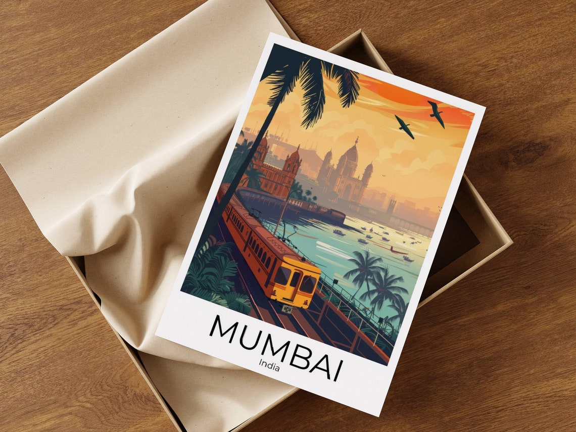 Mumbai India Coastal Train Sunset Palm Harbor Scene Travel Poster - Image 3