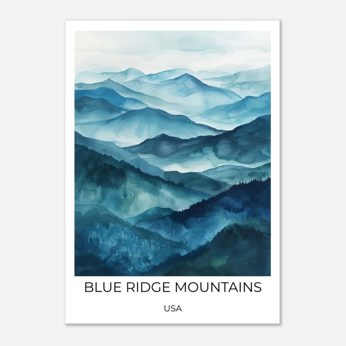 Blue Ridge Mountains USA Misty Layered Peaks Watercolor Poster