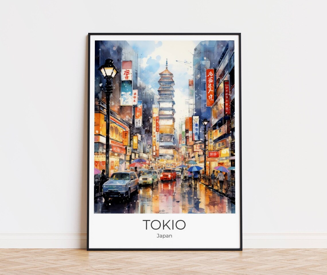 Tokio Japan Rainy Night Neon Street Pagoda Watercolor Poster