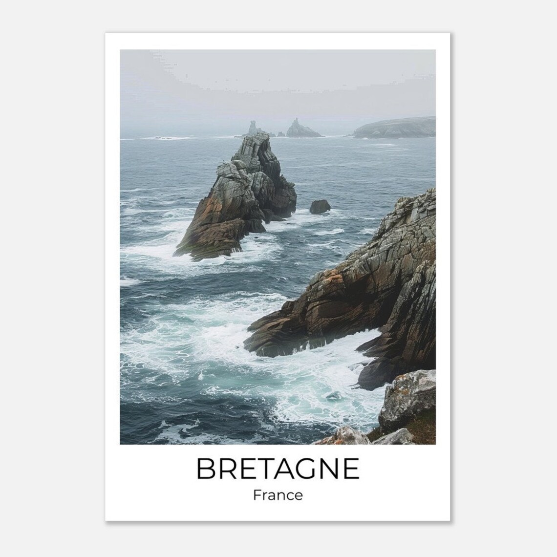 Bretagne Wild Rocky Coastline Crashing Waves France Travel Poster