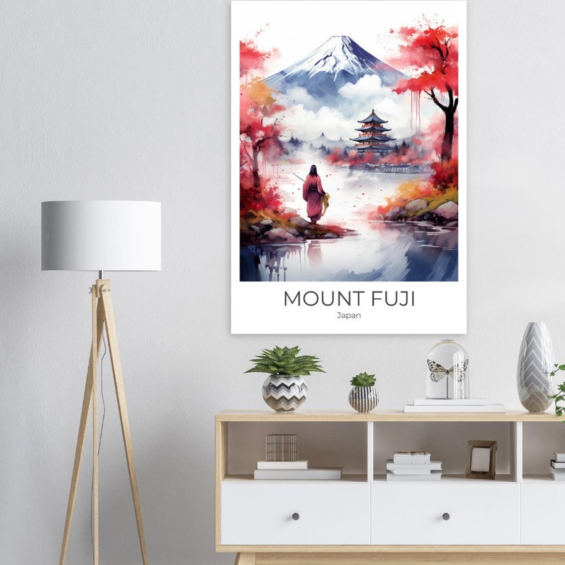 Mount Fuji Japan Pagoda Red Maple Trees Kimono Watercolor Poster - Image 2