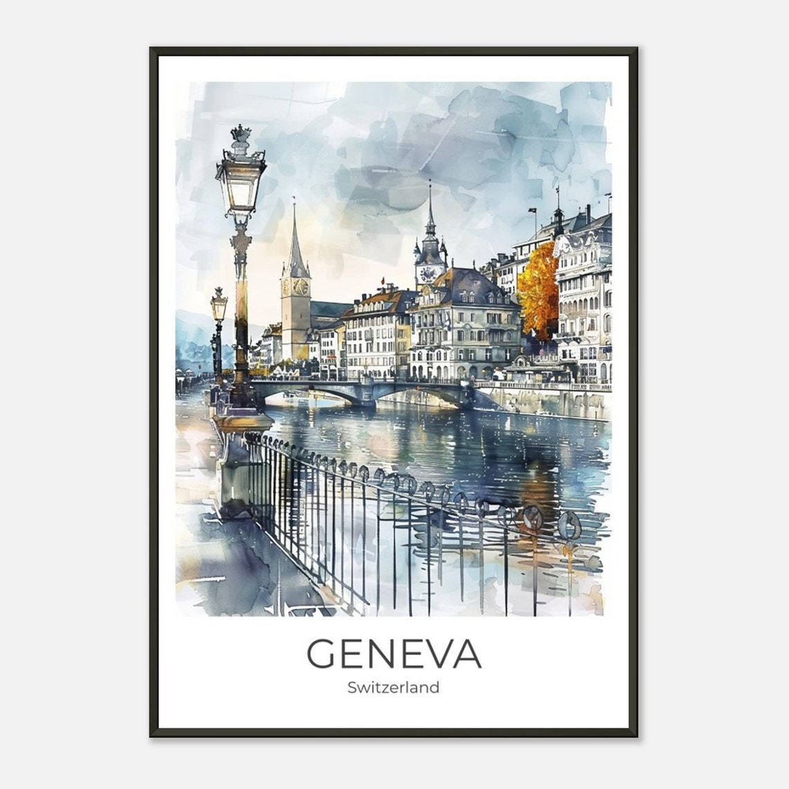 Geneva Switzerland Riverside Bridge Old Town Watercolor Travel Poster