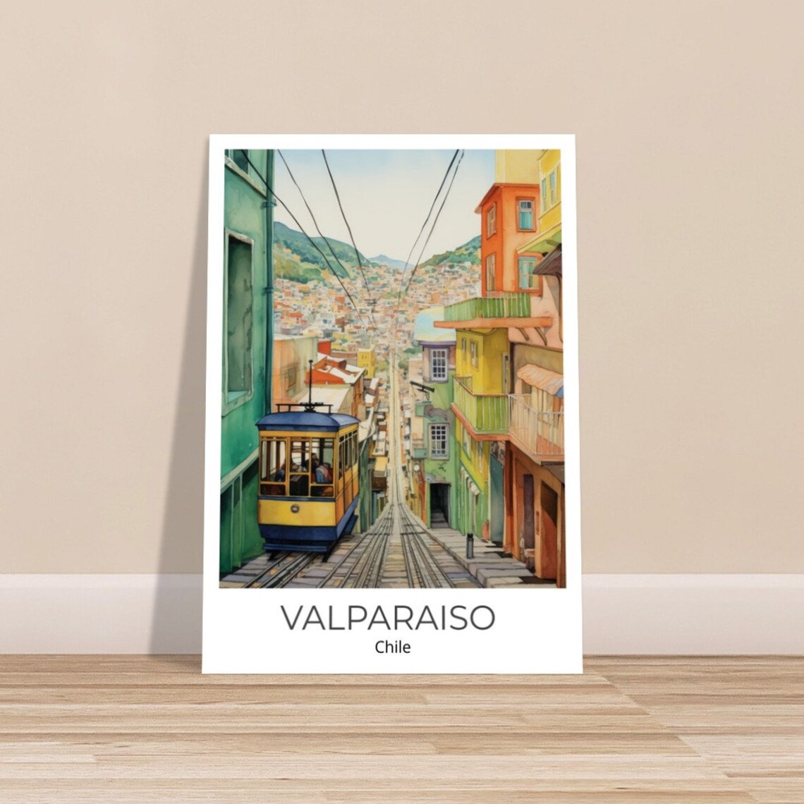 Valparaiso Chile Historic Funicular Streetcar Watercolor Poster
