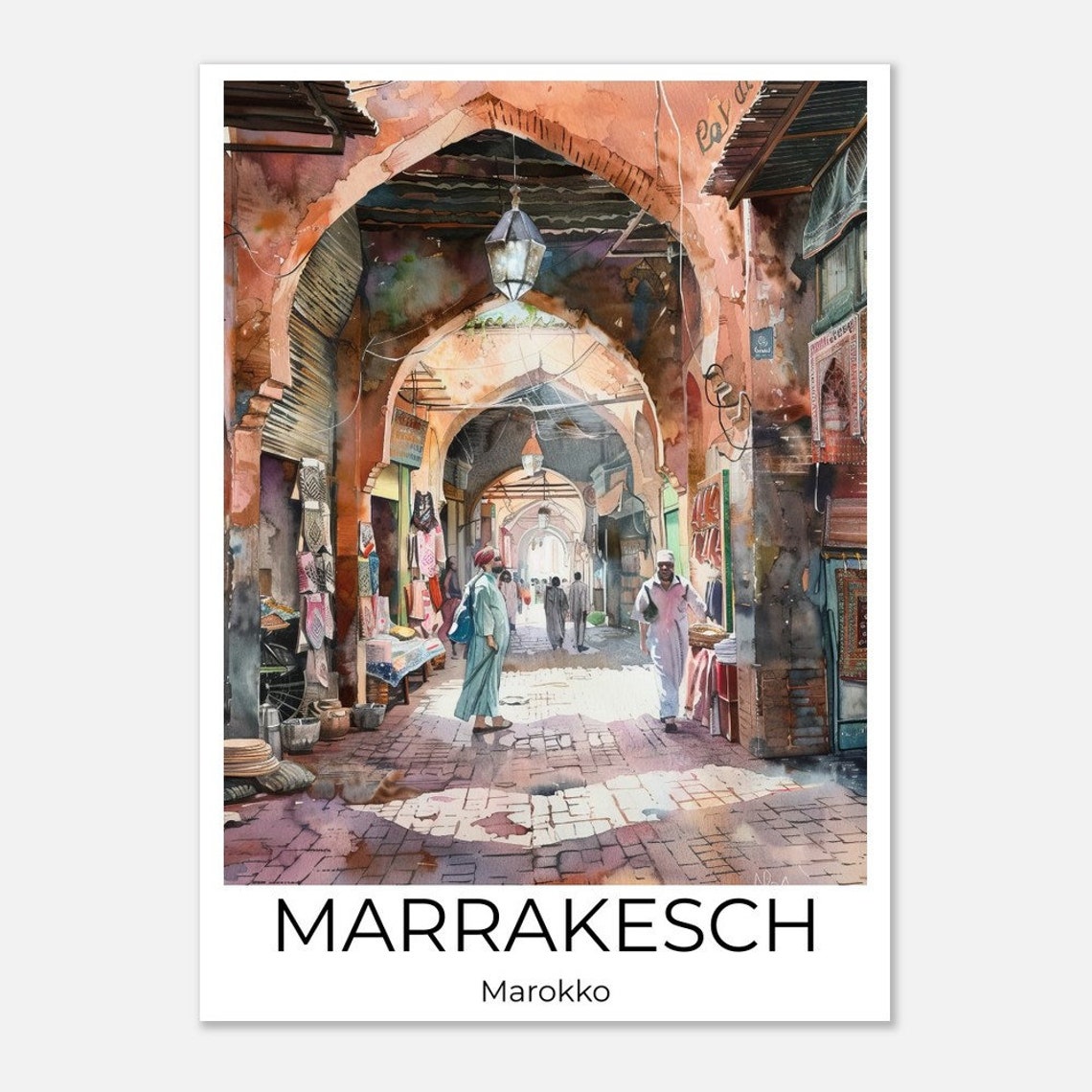 Marrakech Medina Travel Poster Morocco Souk Market Watercolor Art - Image 3
