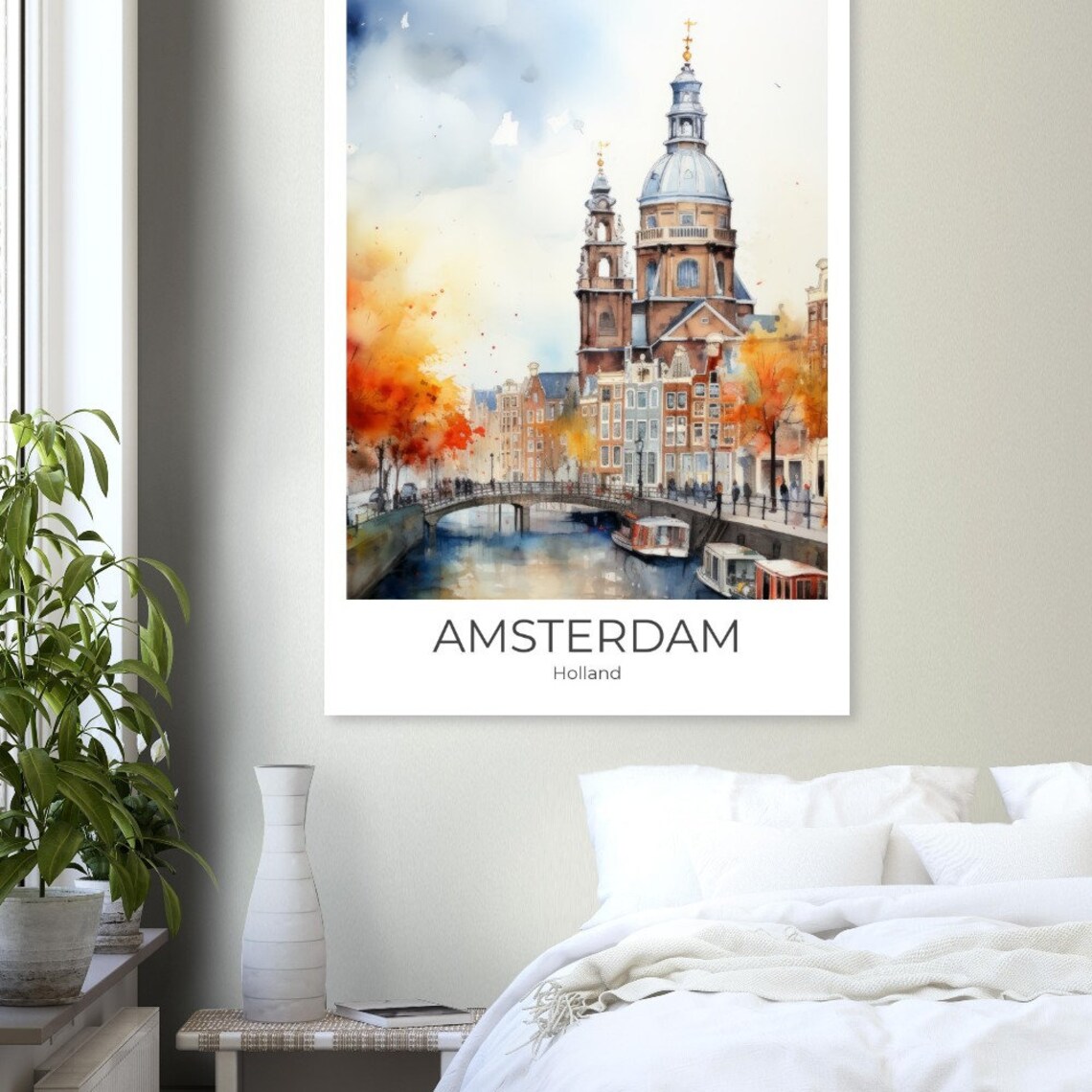 Amsterdam Holland Autumn Canal Bridge Church Watercolor Poster - Image 3