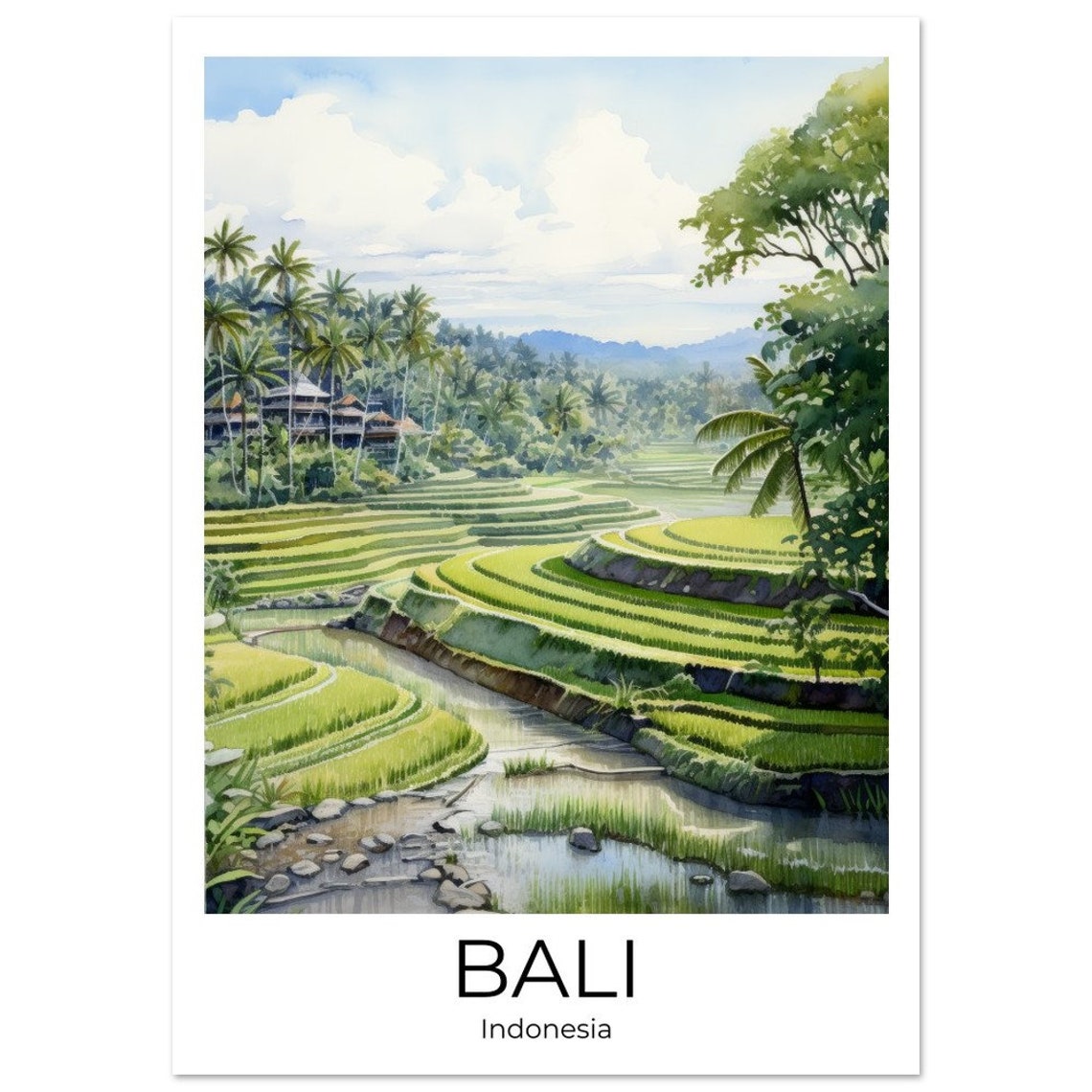 Bali Indonesia Watercolor Rice Terraces River Travel Art Poster - Image 4