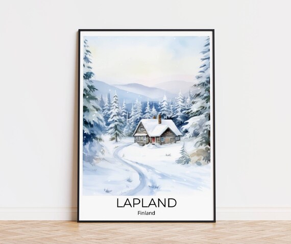 Lapland Finland Snowy Watercolor Winter Cabin Pine Trees Poster