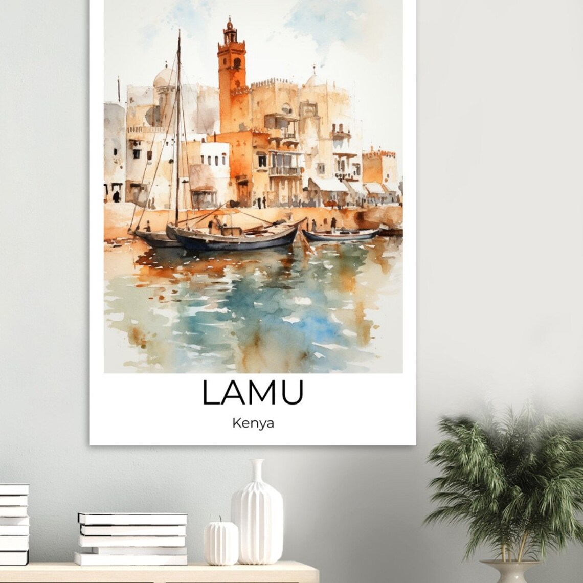 Lamu Kenya Old Town Dhow Boats Harbor Watercolor Africa Travel Poster - Image 3
