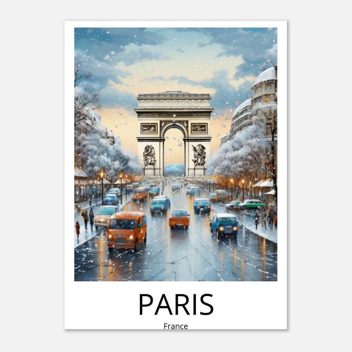 Paris Arc de Triomphe Snowy Champs Elysees Street Illustration Poster - Image 2