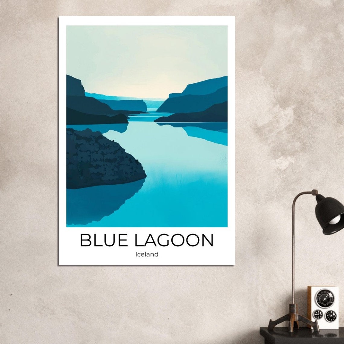 Blue Lagoon Iceland Minimalist Blue Fjord Landscape Travel Poster - Image 2