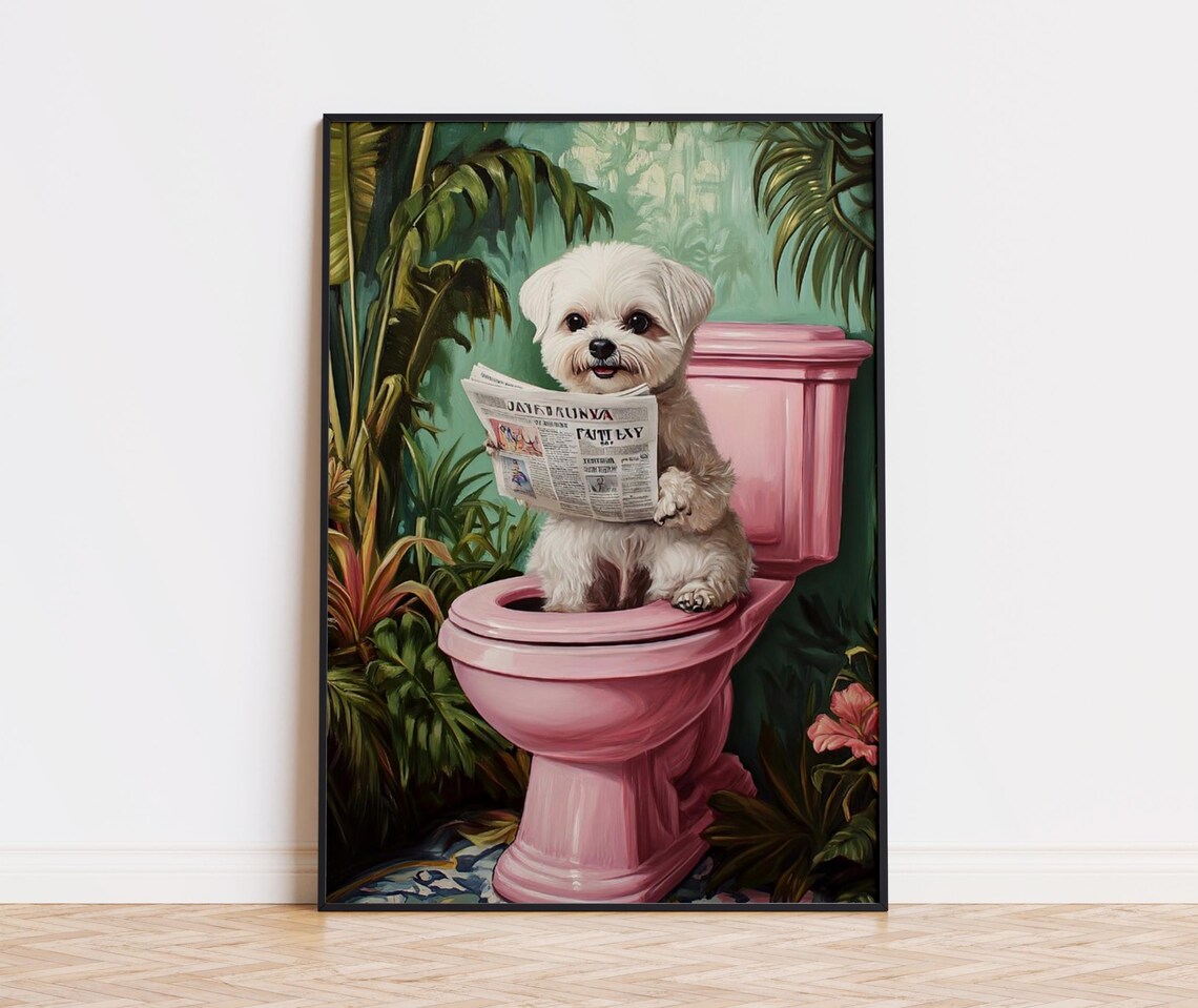 Maltese Dog Smiling with Newspaper on Pink Toilet Humor Poster
