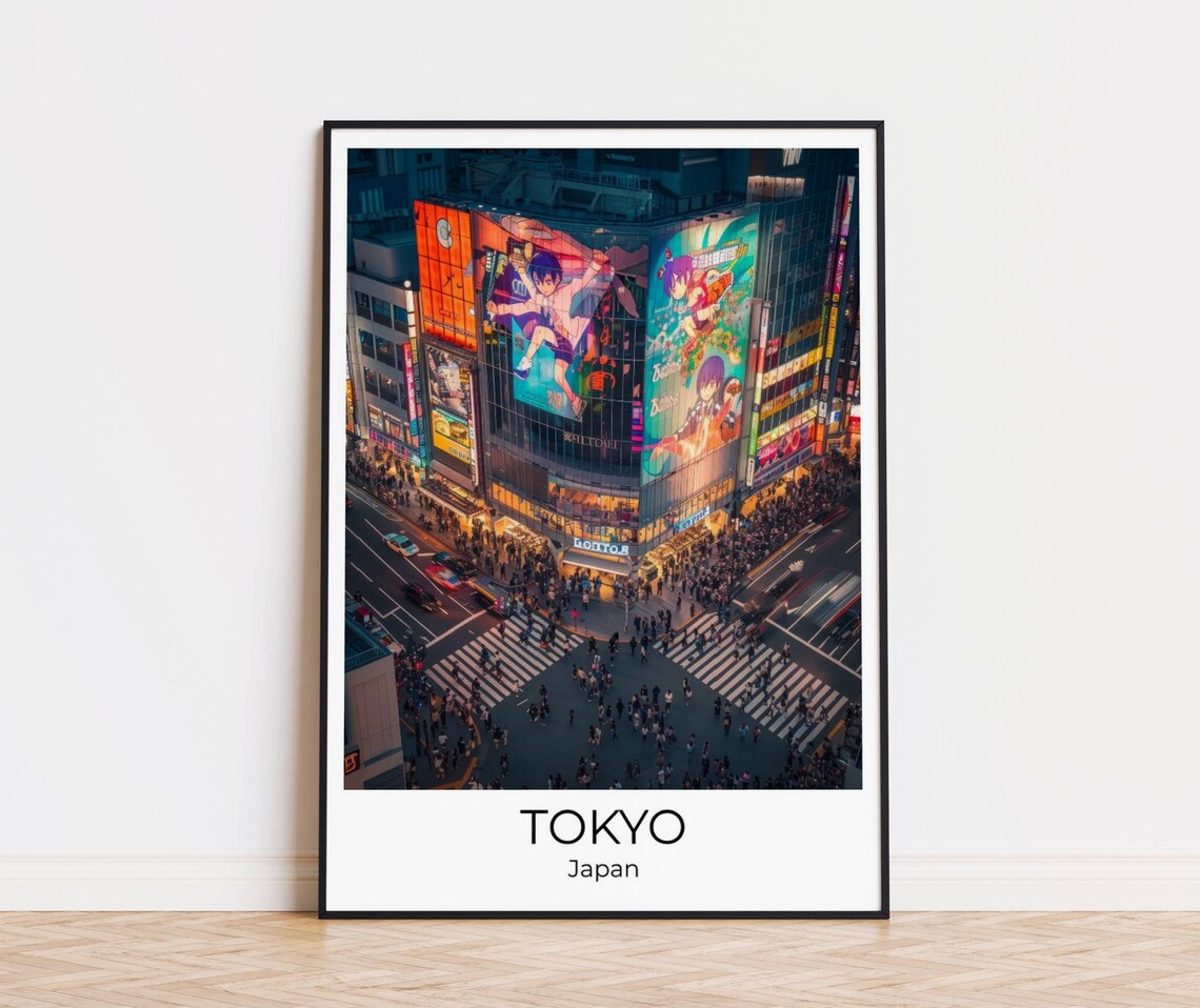 Tokyo Japan Night View of Shibuya Crossing Glowing Billboards Poster