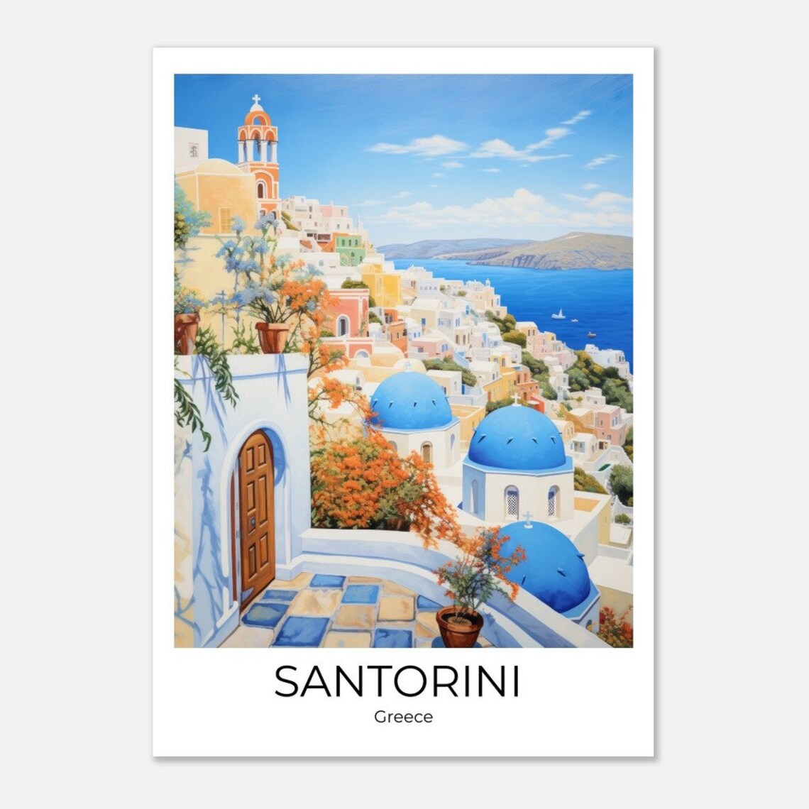 Santorini Greece Blue Dome Churches Caldera Village Travel Poster - Image 4