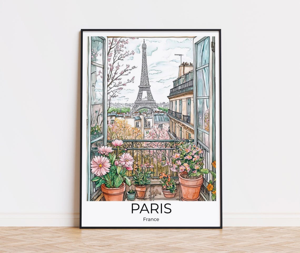 Paris Eiffel Tower Balcony Flower View French City Watercolor Poster