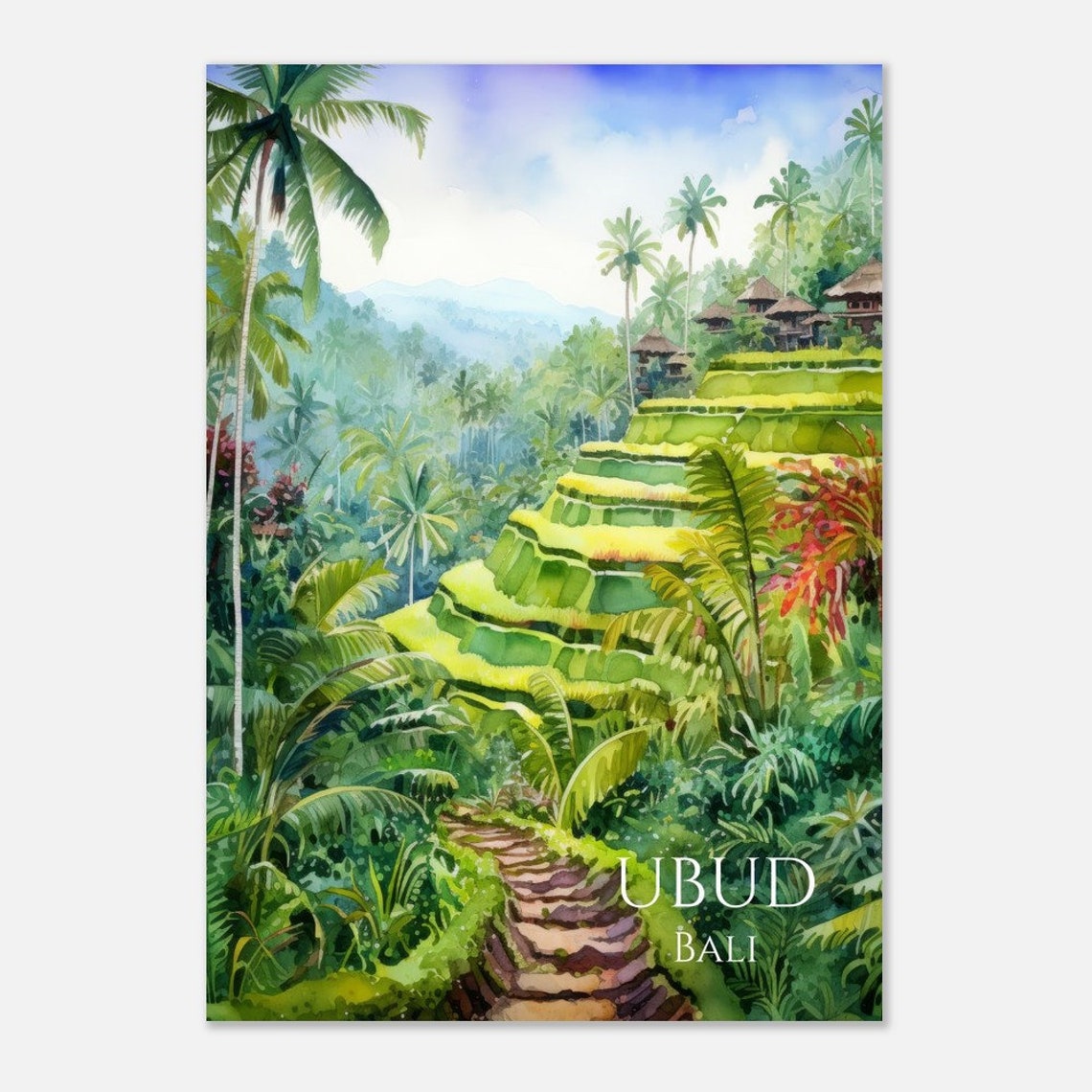 Ubud Bali Watercolor Rice Terraces Jungle Palms Tropical Oasis Poster - Image 5