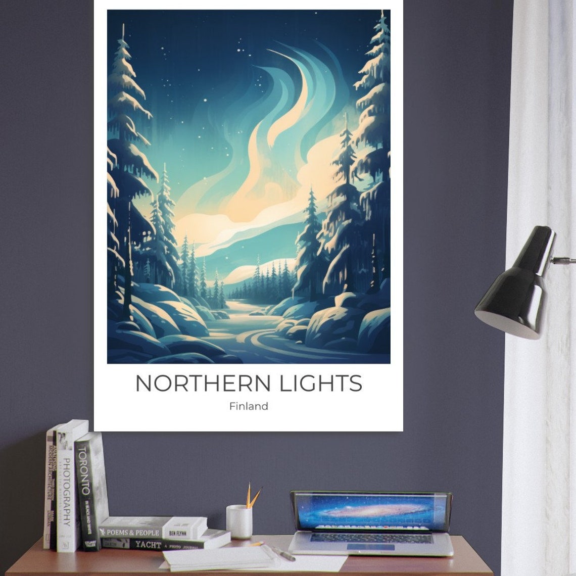 Northern Lights Finland Aurora Snowy Forest Night Sky Travel Poster - Image 4