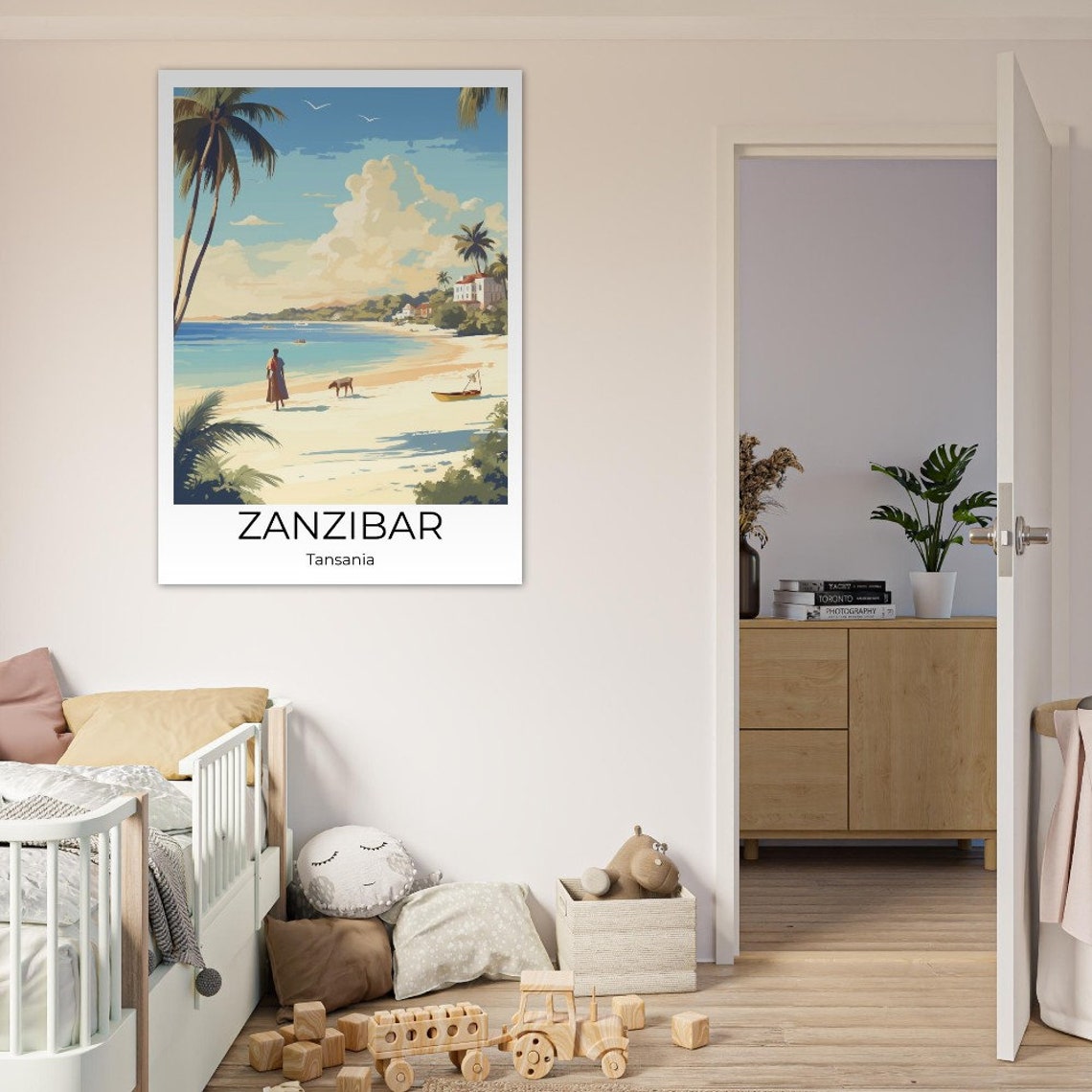 Zanzibar Beach Palm Trees Horse and Fisherman Boat Illustration Poster - Image 2