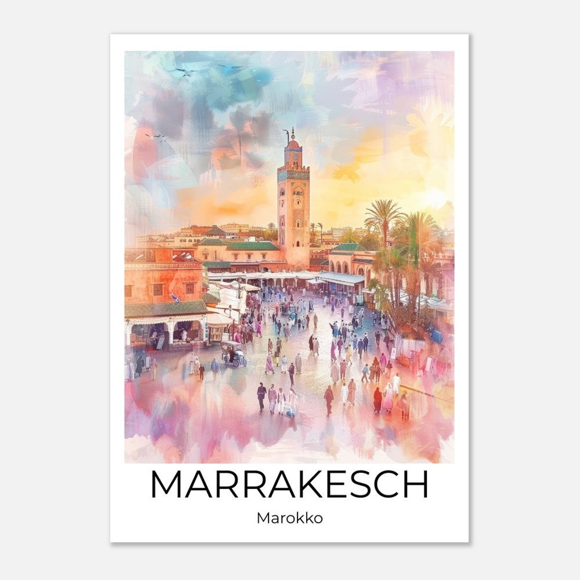 Marrakech Morocco Koutoubia Minaret Bustling Square Watercolor Poster - Image 3