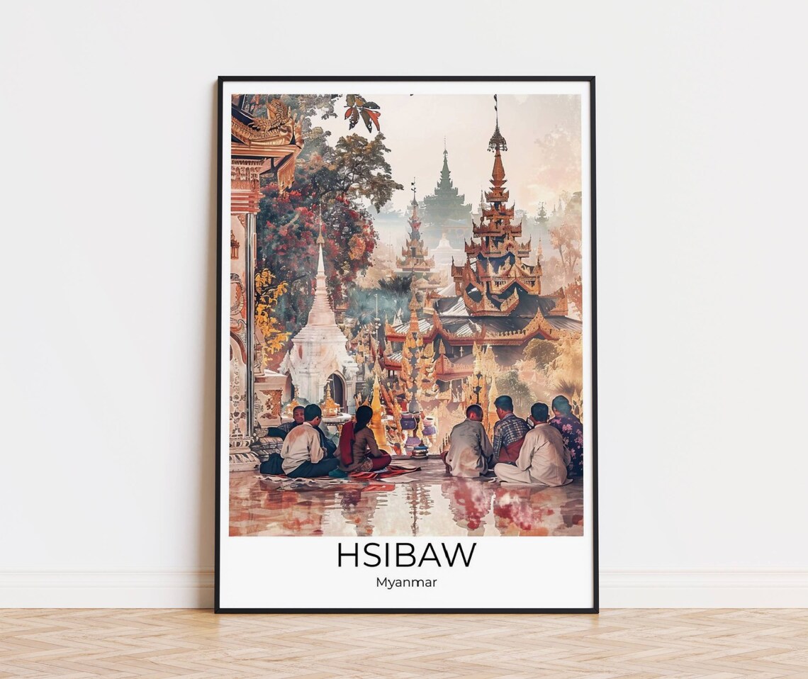 Hsibaw Myanmar Golden Pagodas Watercolor Worshippers Scene Poster