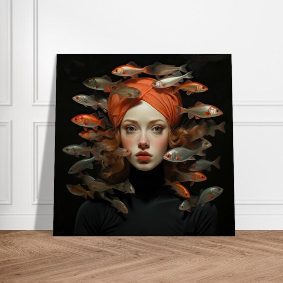 Surreal Women Portrait Fish Girl Portrait Wallart Fineart Print Boho Art Print Wall Decoration