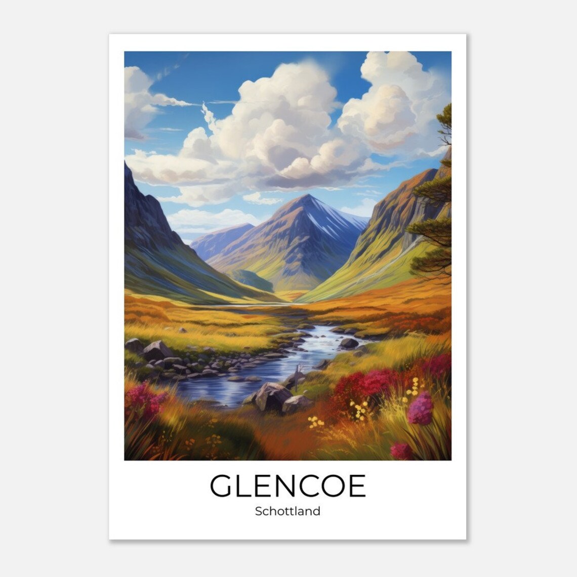 Glencoe Scotland Highlands Valley River and Wildflowers Travel Poster - Image 4