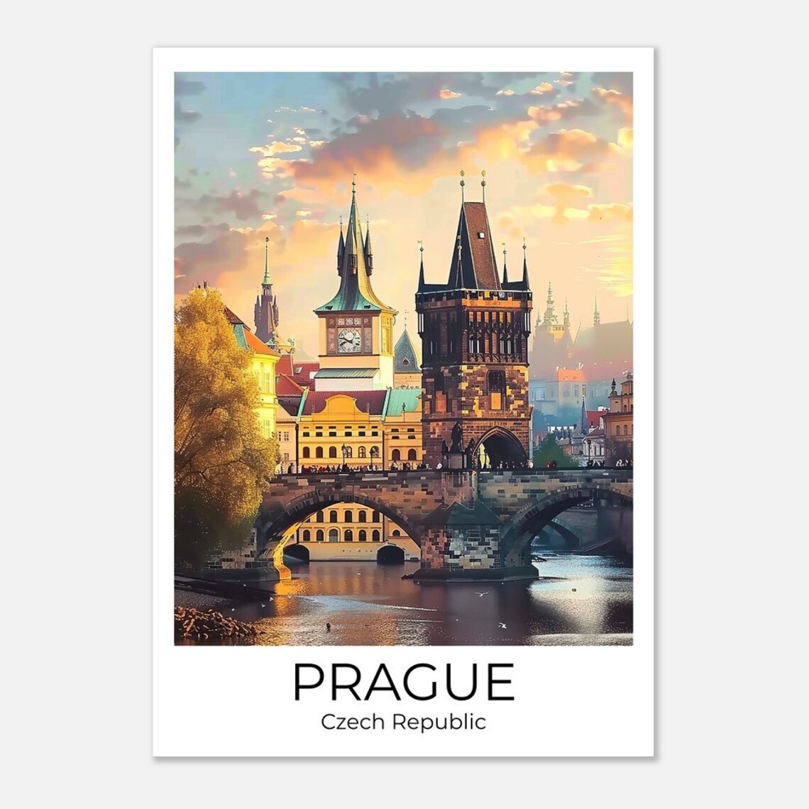 Prague Czech Republic Travel Poster Charles Bridge Sunset Towers Art