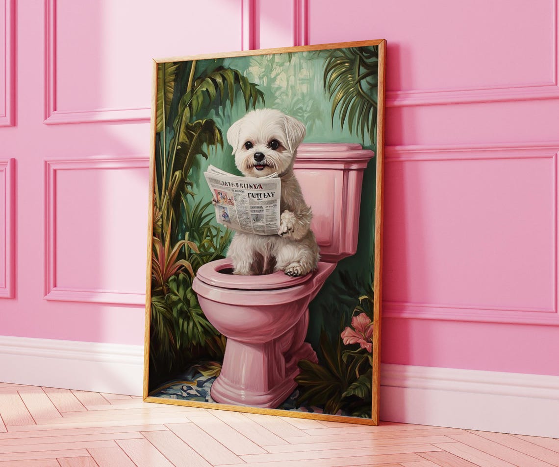 Maltese Dog Smiling with Newspaper on Pink Toilet Humor Poster - Image 5