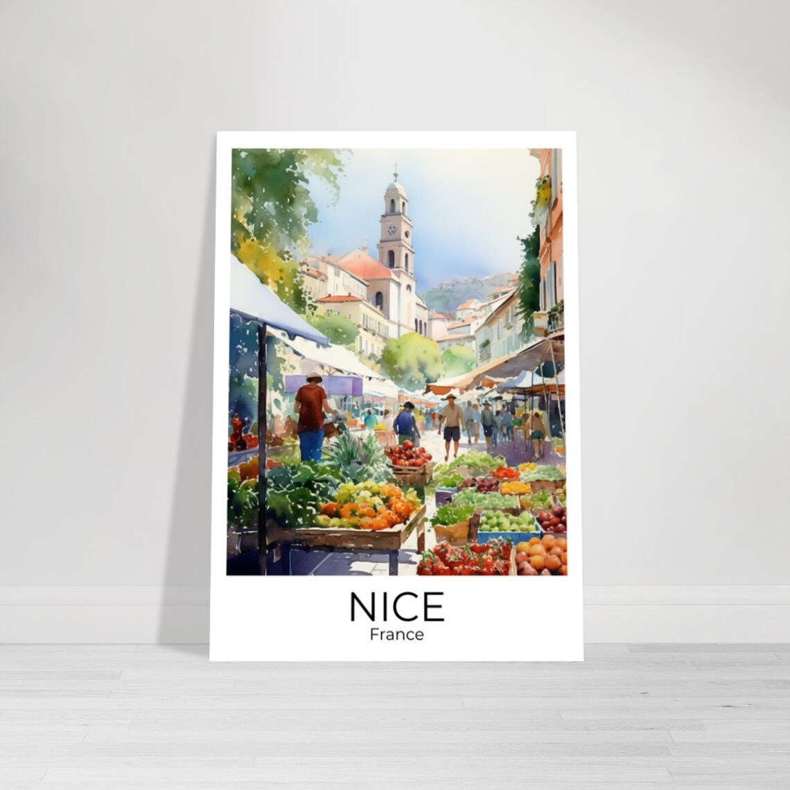 Nice France Watercolor Vegetable Market Beneath Bell Tower Poster