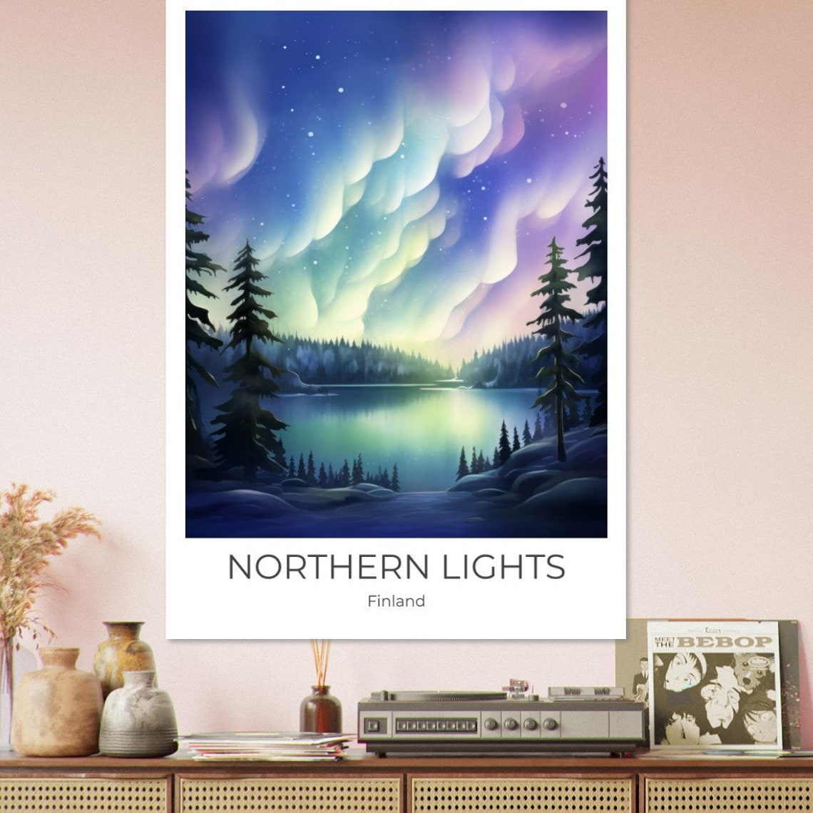 Northern Lights Finland Aurora Borealis Lake Pines Starry Night Poster - Image 3