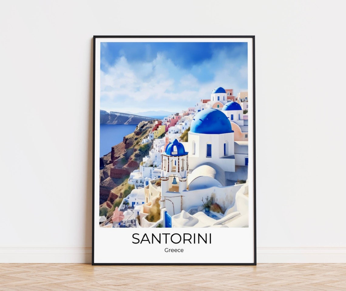 Santorini Greece Hillside Village Blue Domes Retro Travel Poster
