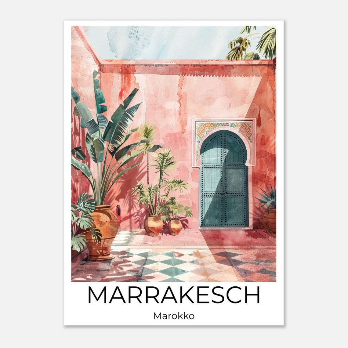 Marrakech Riad Travel Poster Morocco Pink Courtyard Watercolor Art - Image 4