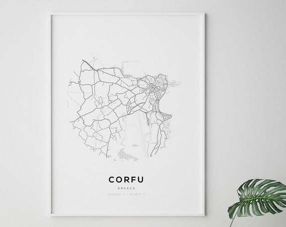 Corfu Map Print Greek Island City Wall Art Minimalist Mediterranean Travel Poster Ionian Gift