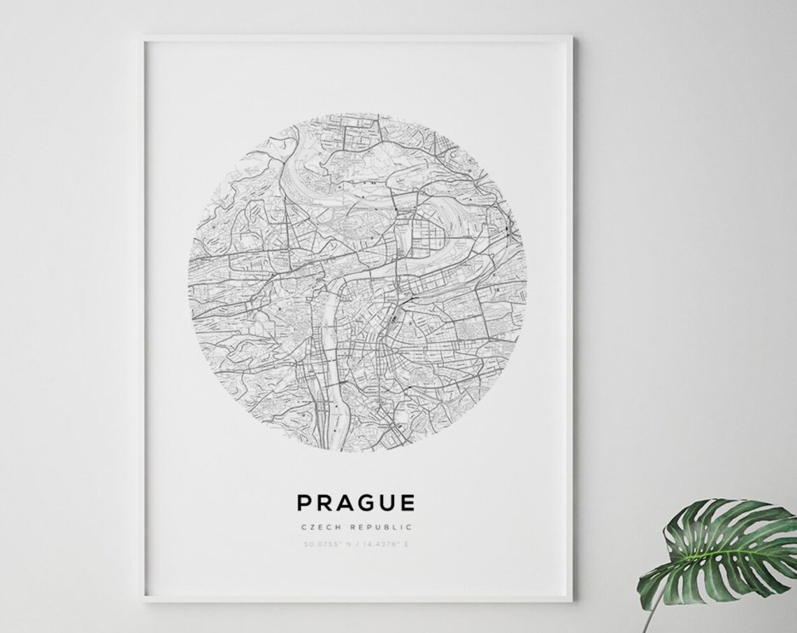Prague Czech Republic Circular Street Map Minimalist Black and White Poster