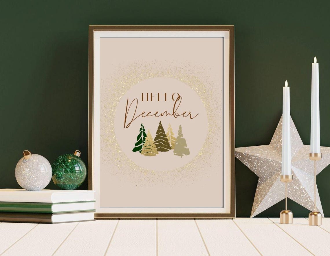 Hello December Gold Glitter Christmas Trees Blush Festive Poster - Image 3