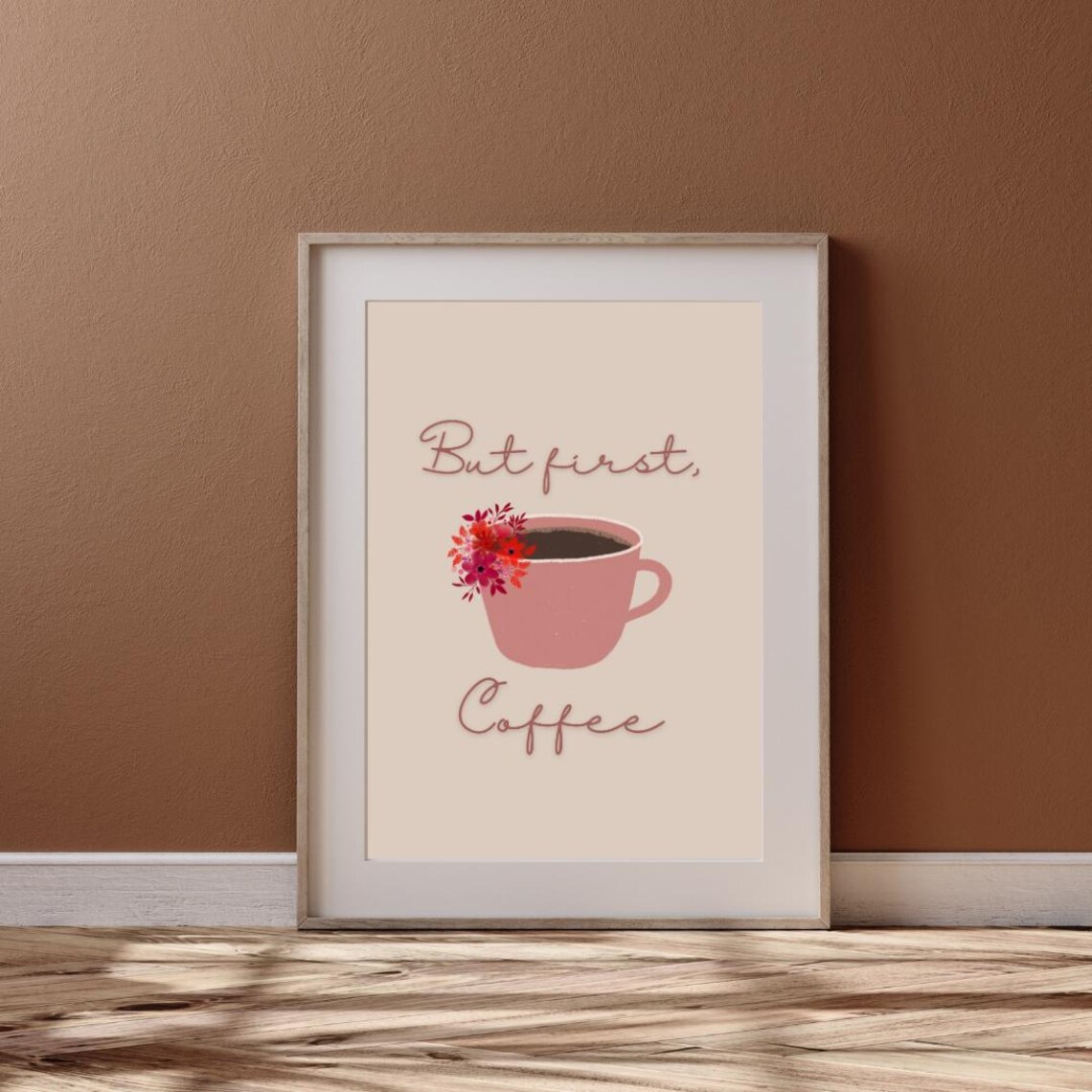 But First Coffee Pink Floral Coffee Cup Blush Kitchen Quote Poster - Image 2