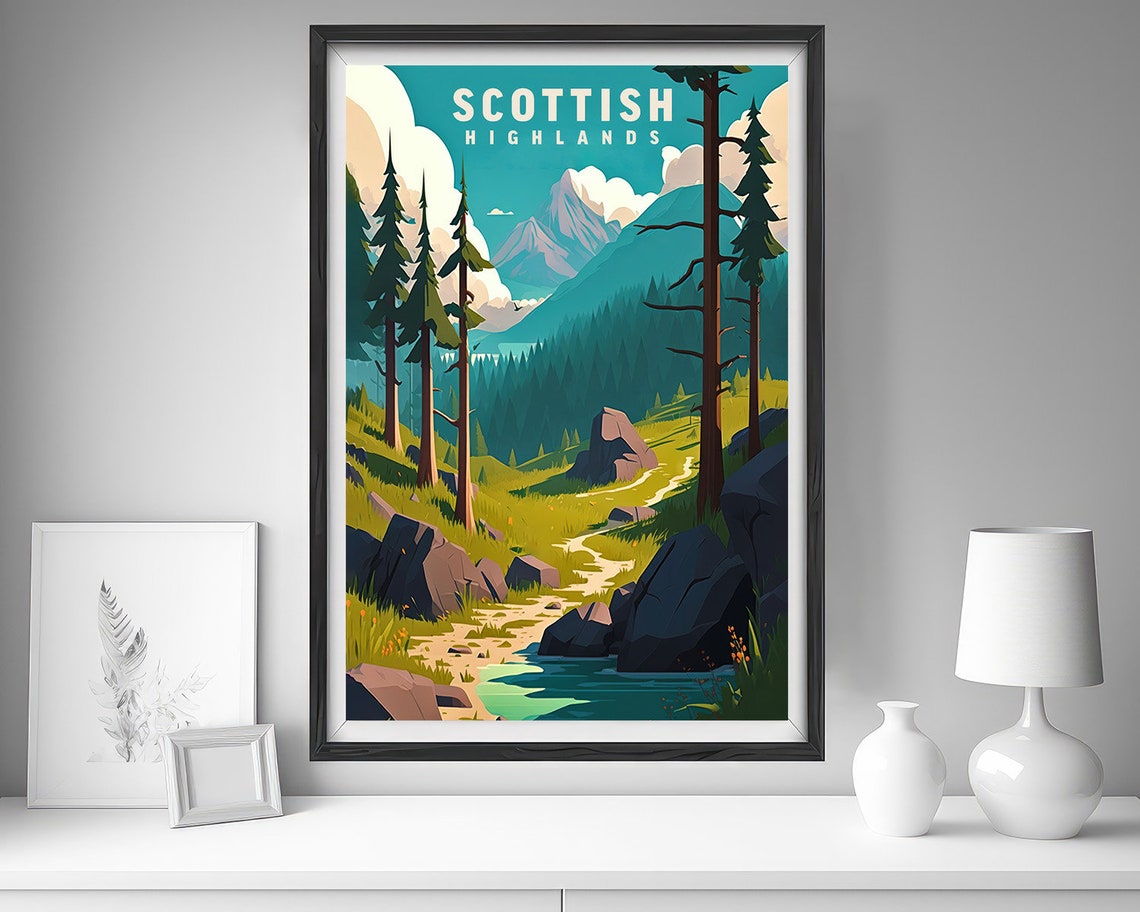 Scottish Highlands Pine Forest Mountain Stream Travel Poster - Image 4