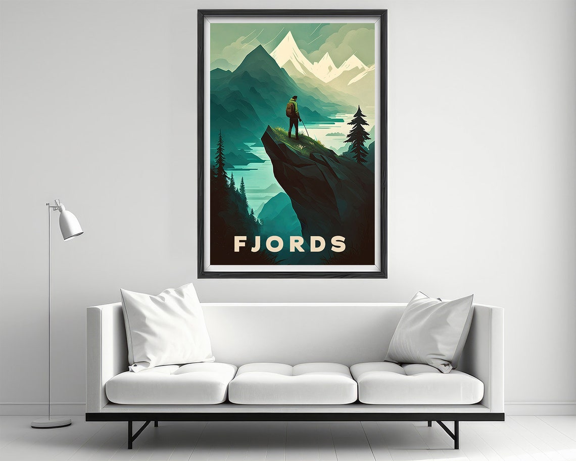 Fjords Hiker Cliff View Snowy Mountain Landscape Vintage Travel Poster - Image 2