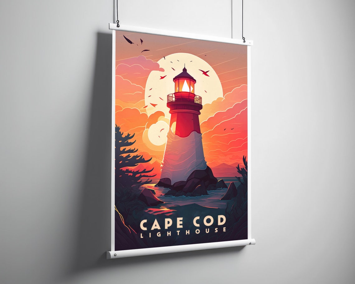 Cape Cod Lighthouse Sunset Seagulls Retro Coastal Travel Poster - Image 3