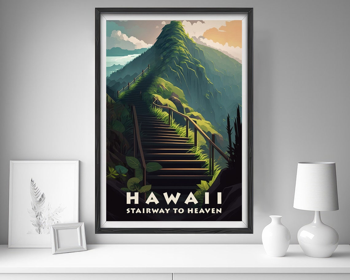 Hawaii Stairway To Heaven Travel Poster Hawaii Stairway To Heaven Wall Art Print Hawaii Painting Illustration Hawaii Watercolor - Image 4