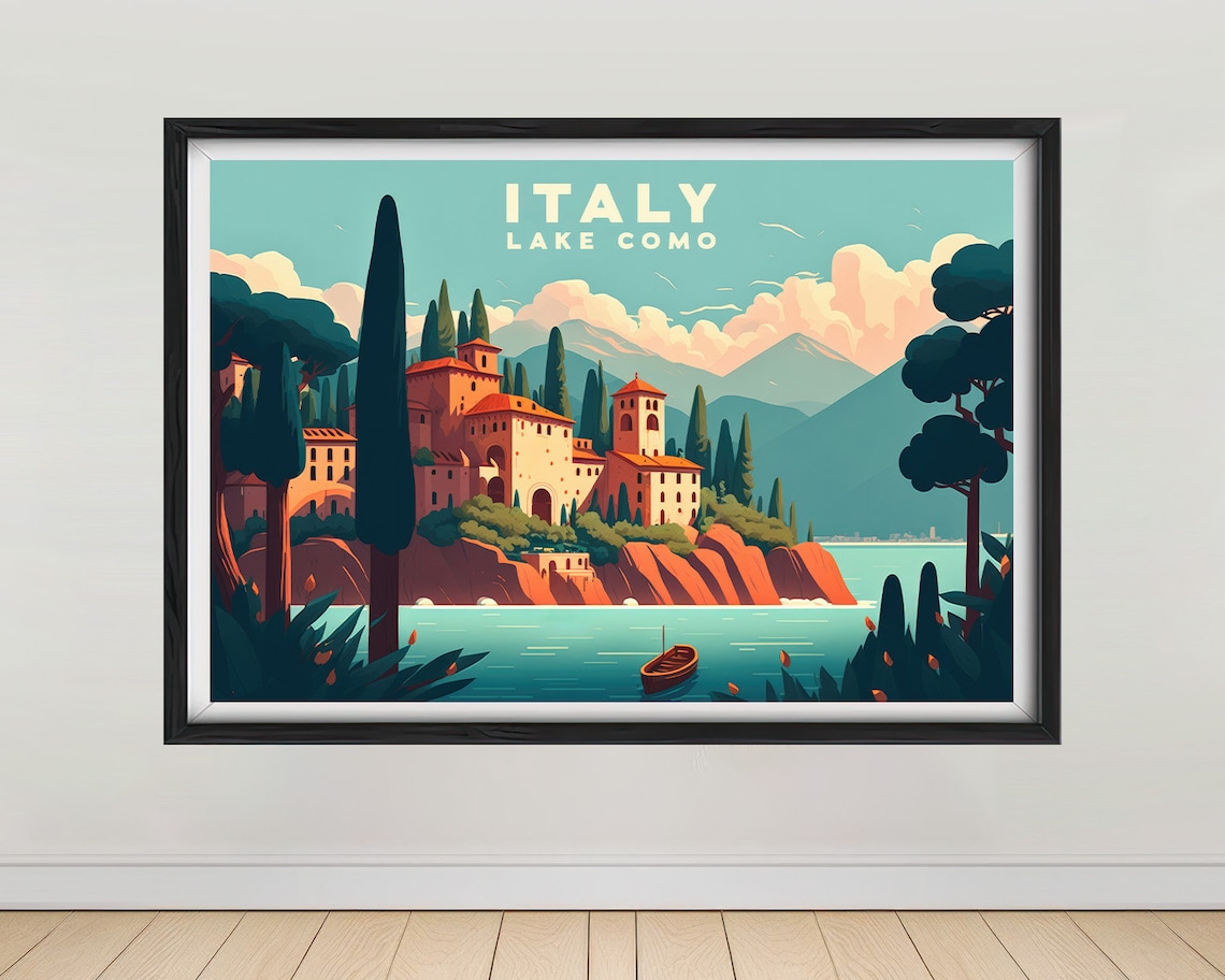 Lake Como Italy Lakeside Villa Cypress Vintage Travel Poster
