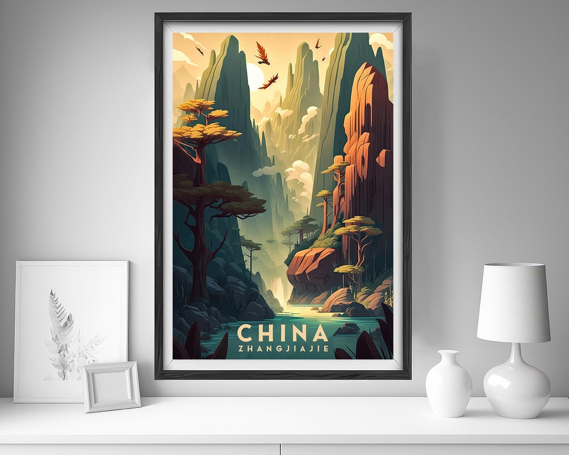 China Zhangjiajie Sandstone Pillars River Retro Travel Poster - Image 4
