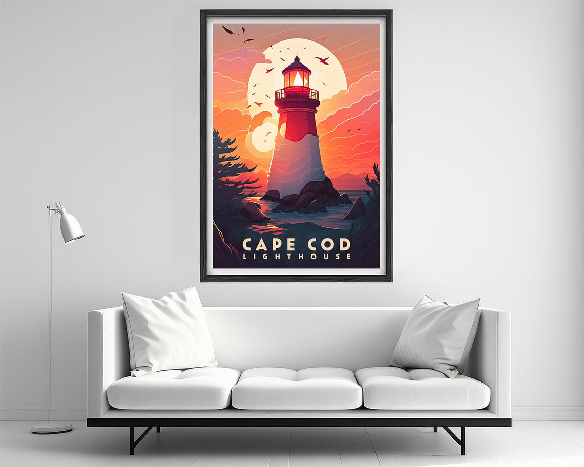 Cape Cod Lighthouse Sunset Seagulls Retro Coastal Travel Poster - Image 2