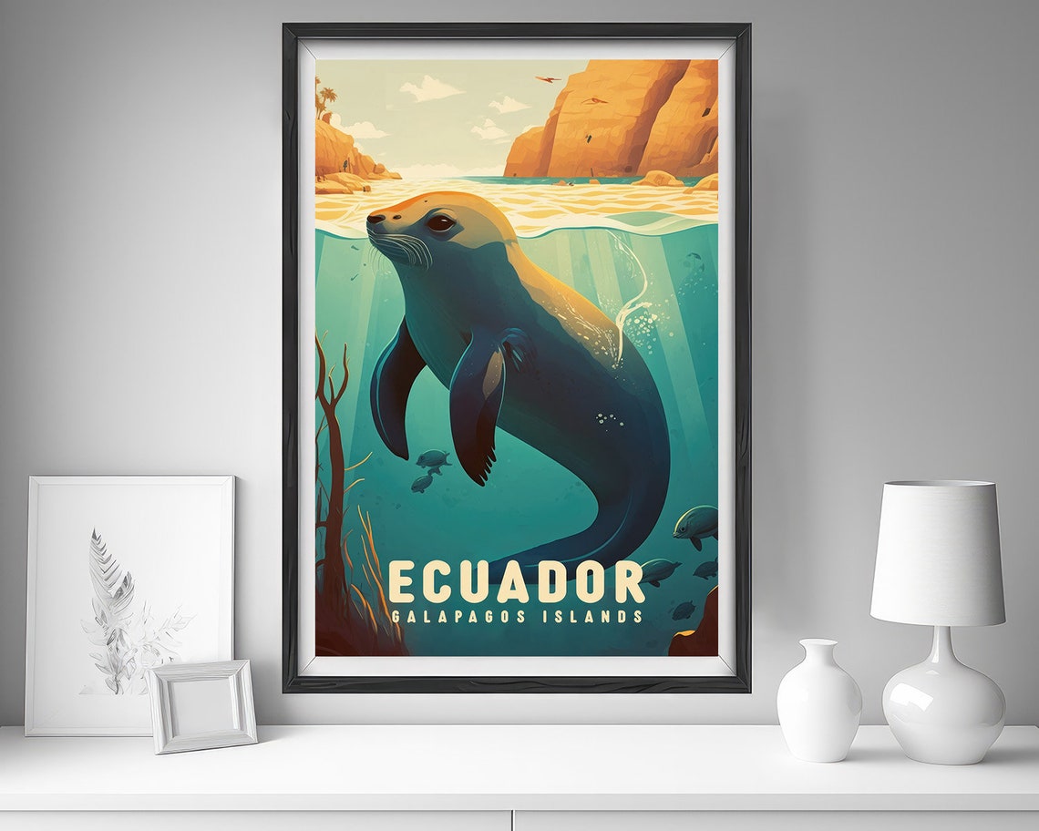 Ecuador Galapagos Sea Lion Underwater Scene Vintage Travel Poster - Image 4