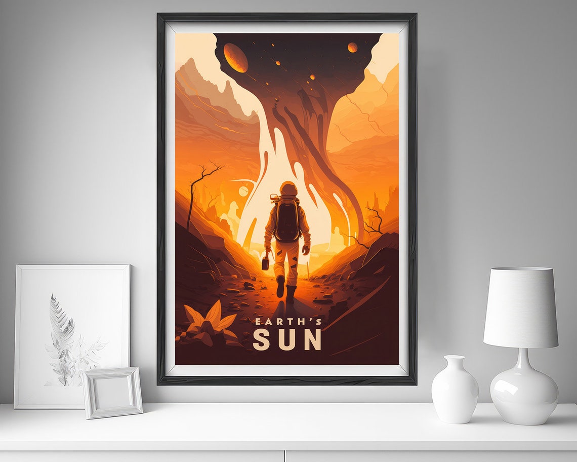 Earths Sun Astronaut Alien Planet Orange Sky Vintage Art Poster - Image 4