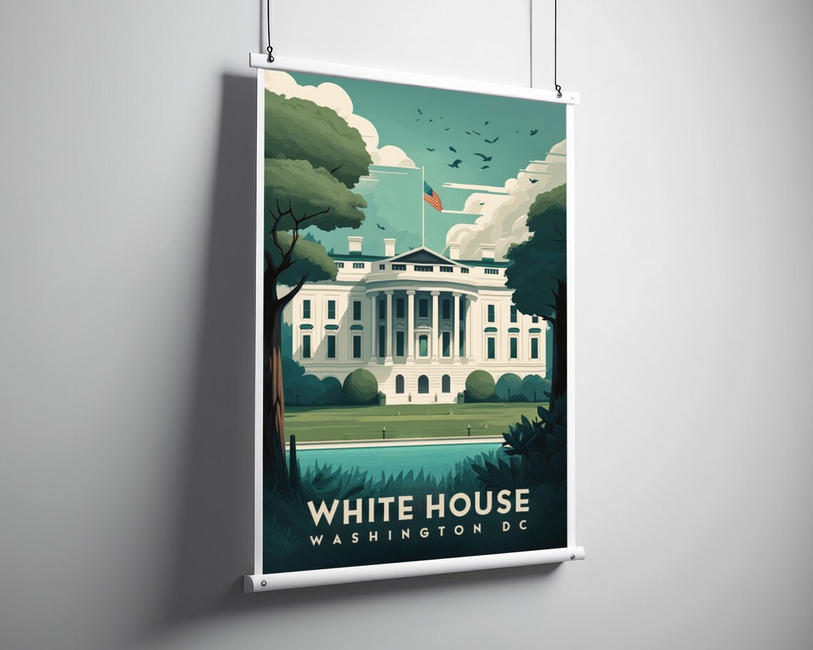 White House Washington DC Landmark Illustration Patriotic Art Poster - Image 3