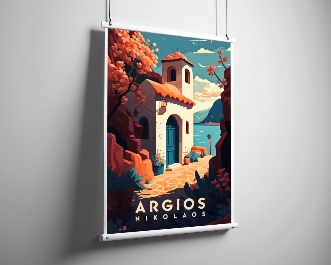 Argios Nikolaos Greece White Chapel Blue Door Seaside Travel Poster - Image 3